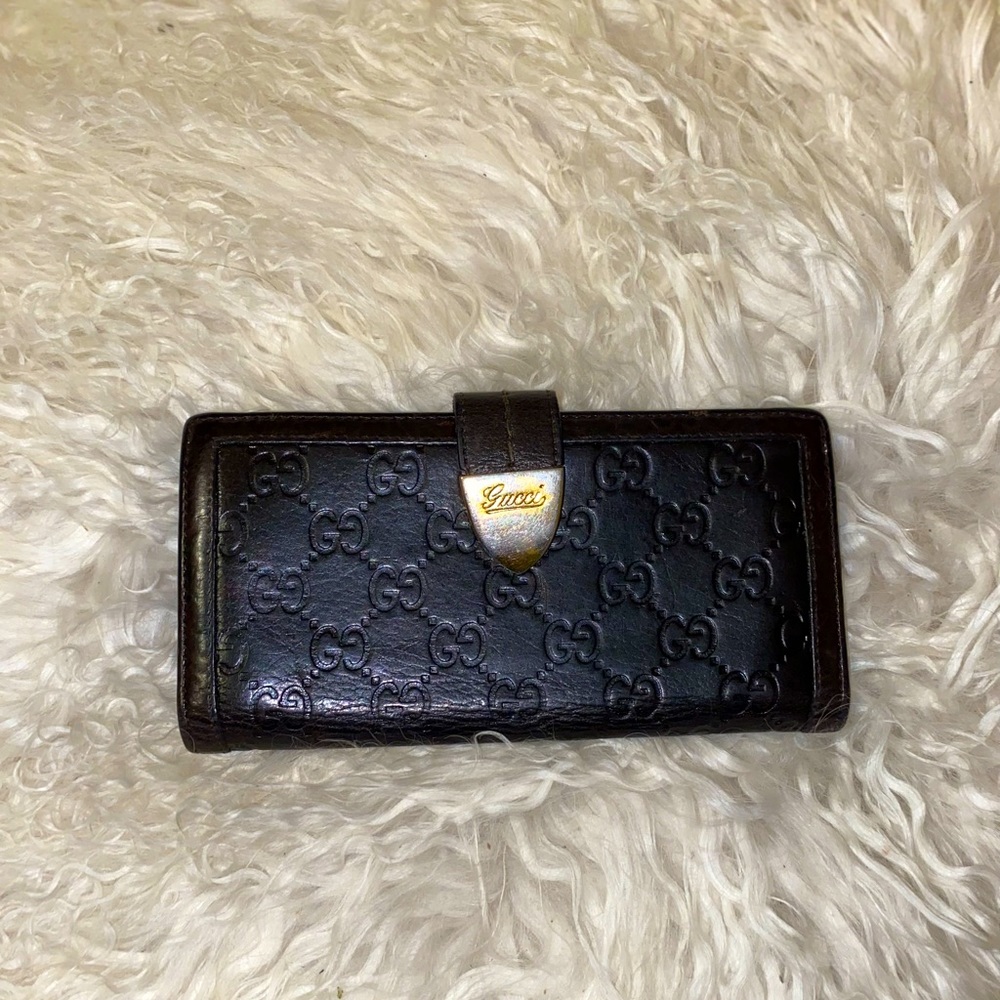 Genuine Vintage Gucci GG Dark Brown Leather Wallet w Buckle